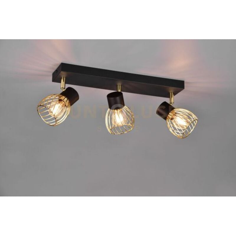 foto del prodotto ardon barra 3 faretti metallo nero con gabbia oro l.43cm 3 luci attacco e14