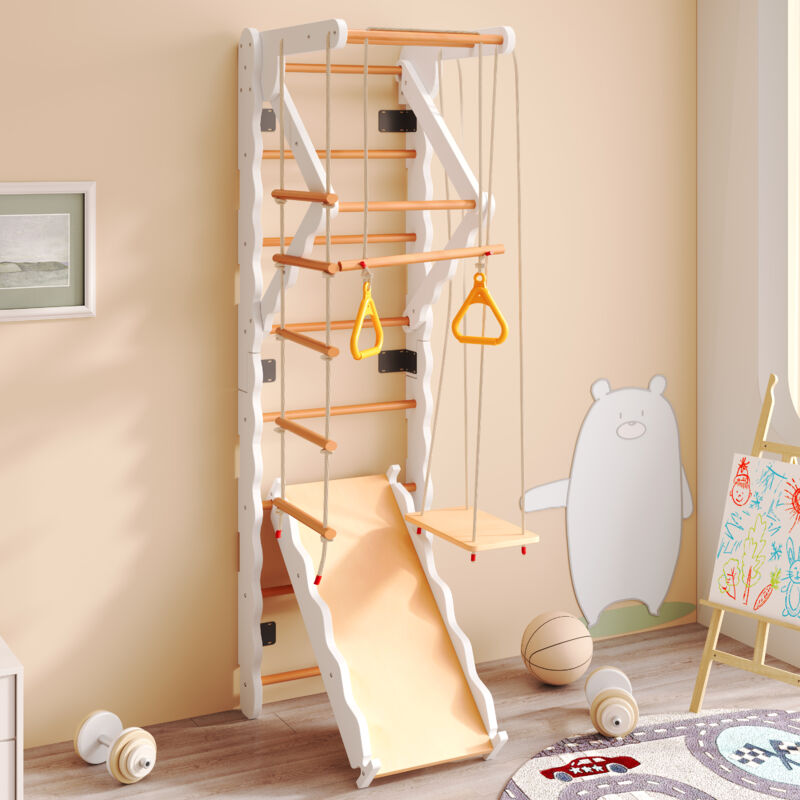 foto del prodotto area giochi multifunzionale 6 in 1, spalliera. compensato, legno massiccio, faggio. 50kg. scivolo, altalena, scala per gattonare, portale, area di