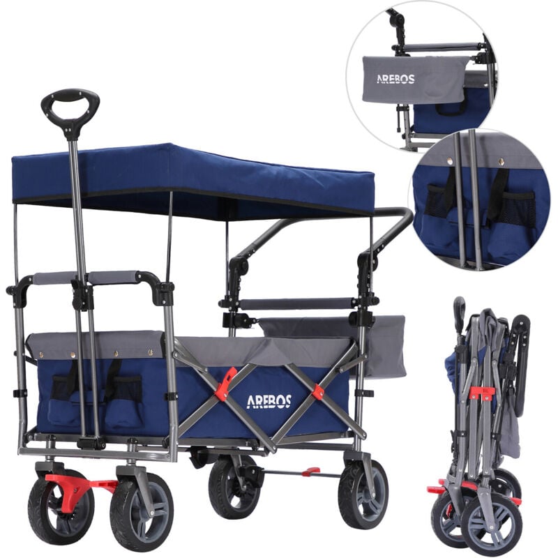 foto del prodotto arebos carrello di trasporto con tetto pieghevole vagone da giardino blu grigio