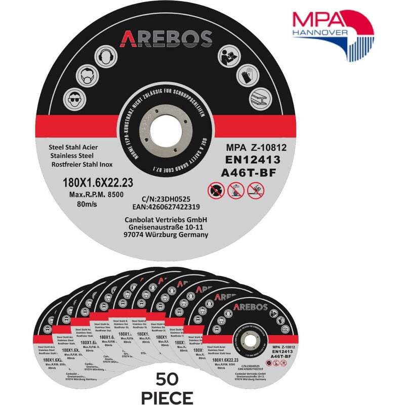 foto del prodotto arebos dischi da taglio 180x1,6mm 50 pz per inox, acciaio e metallo, lame flessibili