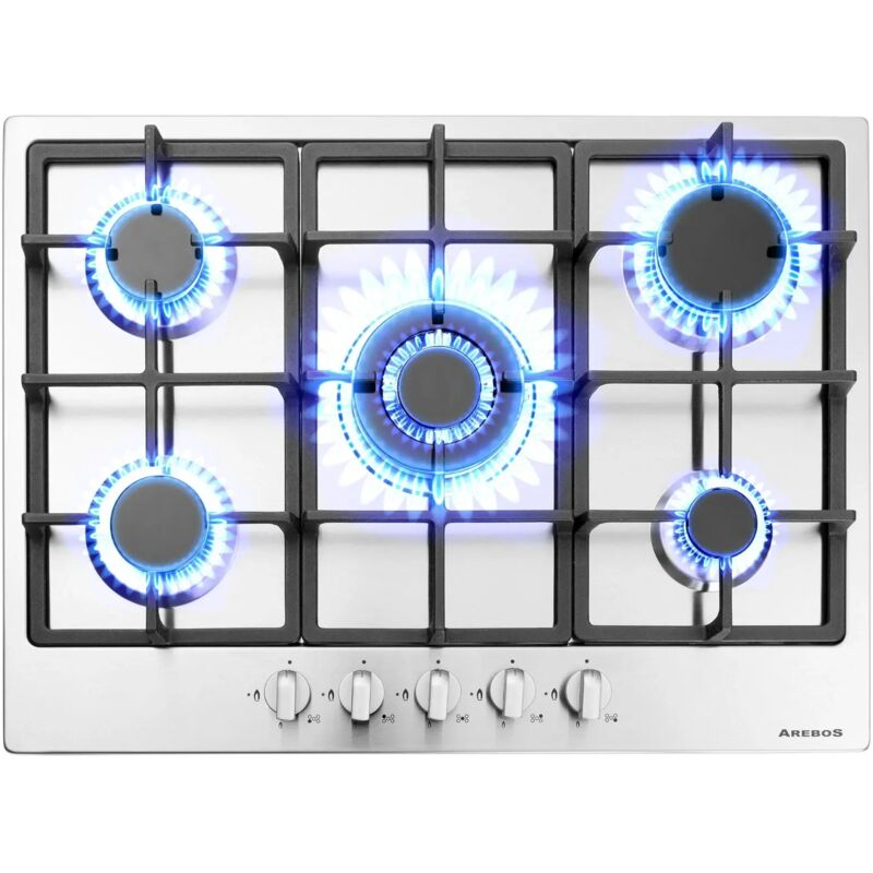 foto del prodotto arebos piano cottura a gas 5 fuochi in acciaio inox con griglie e accensione sicura