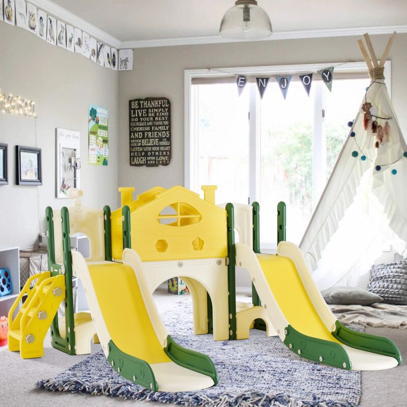 foto del prodotto aree gioco 7 in 1 - parco giochi in cortile con 2 scivoli, passerella, scale, telescopio, struttura per arrampicarsi, giochi per bambini dream city