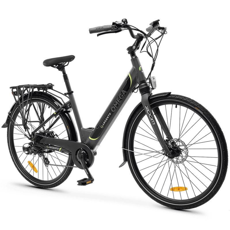foto del prodotto argento omega ar bi 220013 city e bike black bicicletta elettrica ruote 28 motore bafang 250w 36v batteria 36v 10.4ah integrata telaio in alluminio forcella ammortizzata autonomia fino ad 70km