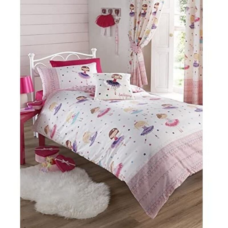 foto del prodotto argofield kids club set per il letto delle bambine composto da 2 pezzi copripiumino singolo rosa con immagini di ballerine e federa