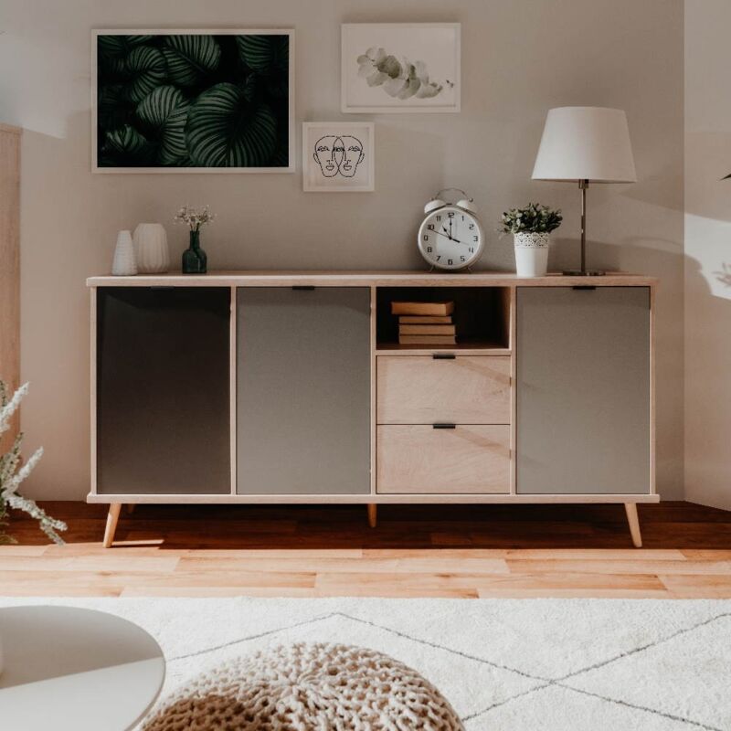 foto del prodotto argonauta credenza epik52 con 3 ante 2 cassetti 180x40x88,3 colore rovere antracite grigio