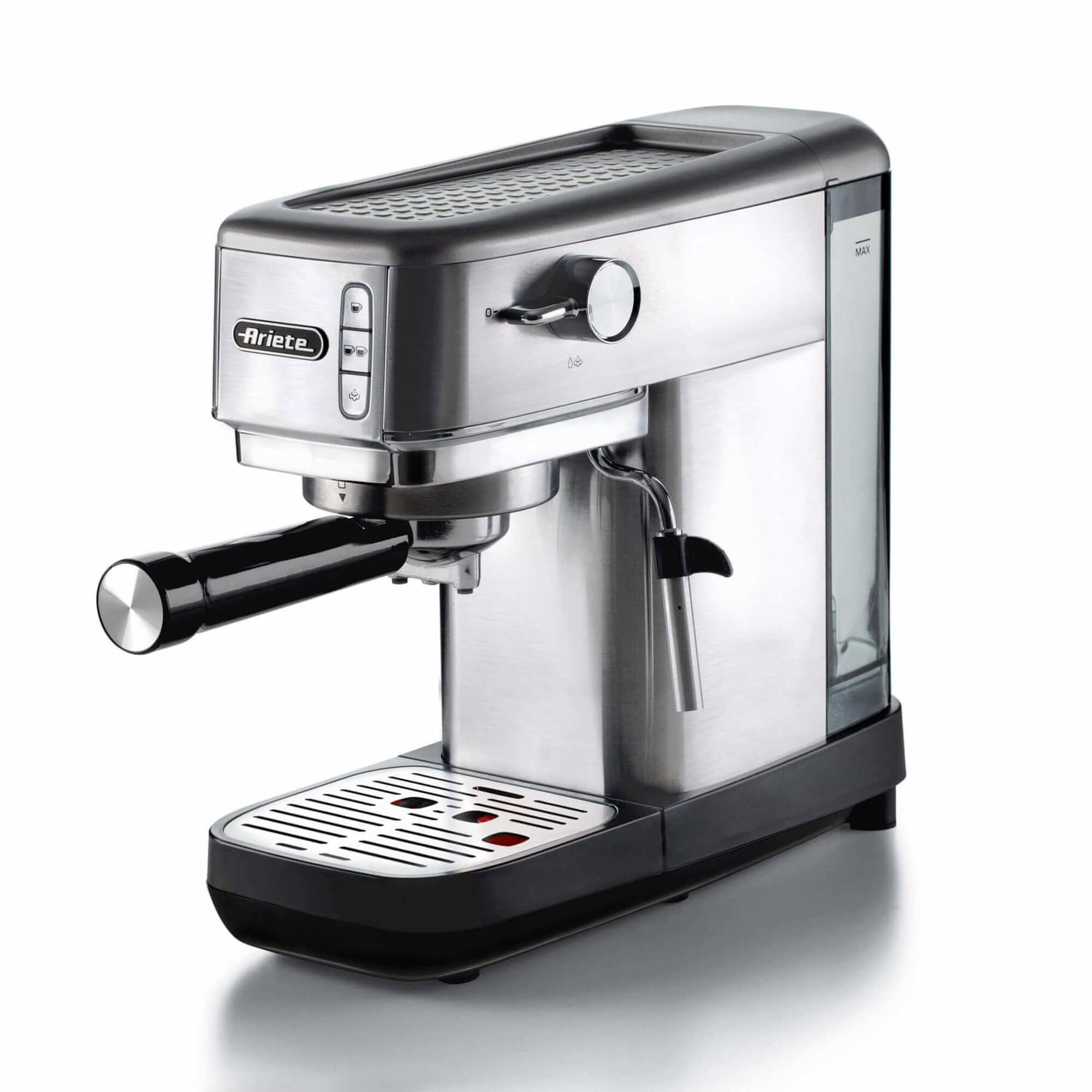 foto del prodotto ariete 1380 macchina da caff in metallo, compatibile con caff in polvere e cialde ese, 1300 w, capacit 1,1 l, 15 bar di pressione, filtro tazze, dispositivo cappuccino, silver