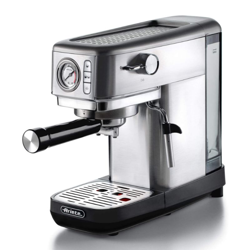 foto del prodotto ariete 1381 macchina da caff con manometro, compatibile con caff in polvere e cialde ese, 1300 w, capacit 1,1 l, 15 bar di pressione, filtro tazze, dispositivo cappuccino, silver