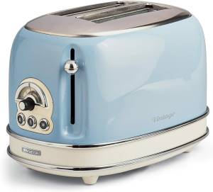 foto del prodotto ariete 155 tostapane vintage 2 fette di pane con pinze 6 livelli di tostatura 810 watt acciaio inox linea vintage celeste