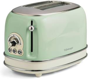 foto del prodotto ariete 155 tostapane vintage 2 fette di pane con pinze 6 livelli di tostatura 810 watt acciaio inox linea vintage verde
