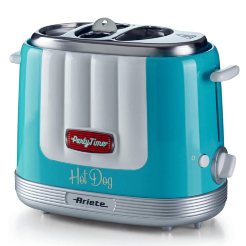 foto del prodotto ariete 206 hot dog maker party time, macchina per fare hot dog, 650 w, 5 livelli di cottura, 4 spazi di cottura, espulsione automatica, azzurro