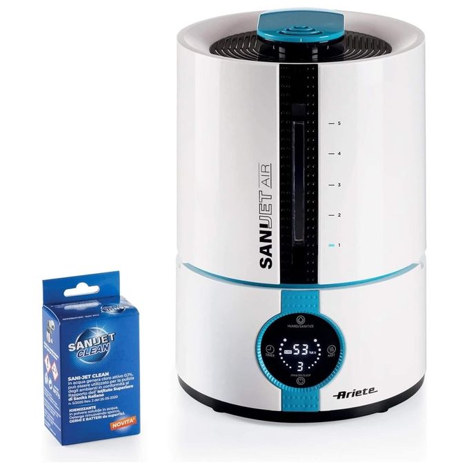 foto del prodotto ariete 2836 sani jet air umidificatore a ultrasuoni, capacita 5 l, per ambienti fino a 90 m , autonomia 15 ore, funzione igienizzante, ionizzatore, display led touch, bianco azzurro