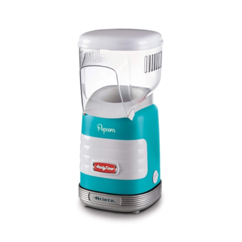 foto del prodotto ariete 2956, pop corn party time, macchina per pop corn, scoppia 60gr di mais per pop corn in 2 minuti con aria calda, senza grassi, 1000 watt, azzurro