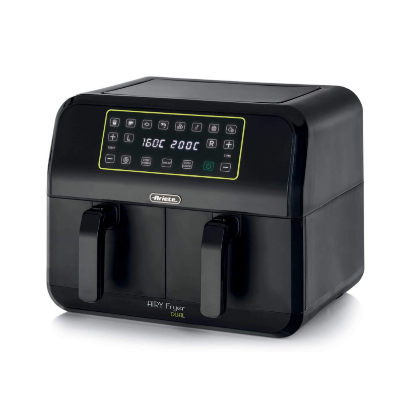 foto del prodotto ariete 4623 airy fryer dual, friggitrice ad aria con doppio cestello, 1700 w, capacit 8l, 3 funzioni di cottura, pannello digitale led touch, 8 programmi preimpostati, timer, 2 cestelli, nero