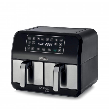 foto del prodotto ariete 4624 airy fryer dual, friggitrice ad aria con doppio cestello, 1700 w, capacità 8l, 3 funzioni di cottura, pannello digitale led touch, 8 programmi preimpostati, timer, 2 cestelli, nero