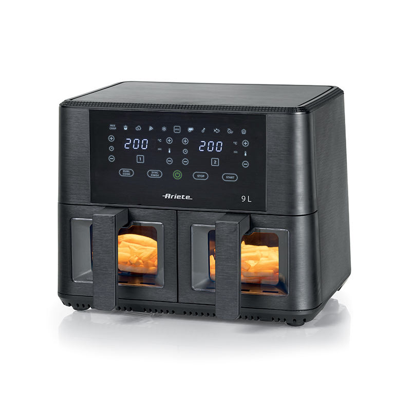 foto del prodotto ariete 4631 friggitrice ad aria doppia 9l, 2400w, capacit totale 9l, 11 programmi, multifunzione, fino a 3,6 kg di fritto temperatura fino a 200 c, doppio cestello, nero