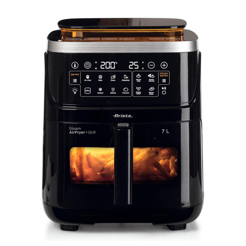 foto del prodotto ariete 4636 friggitrice ad aria con funzione vapore grill, 1700w, funzione essiccazione, 10 funzioni di cottura, cestello trasparente, timer, luce interna, nero