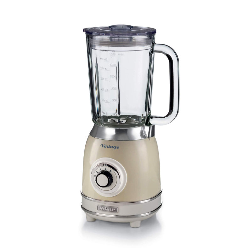 foto del prodotto ariete 583, frullatore vintage con tazza in vetro da 1,5 litri, 4 lame in acciaio inox, 4 velocit pulse,1000 watt, beige