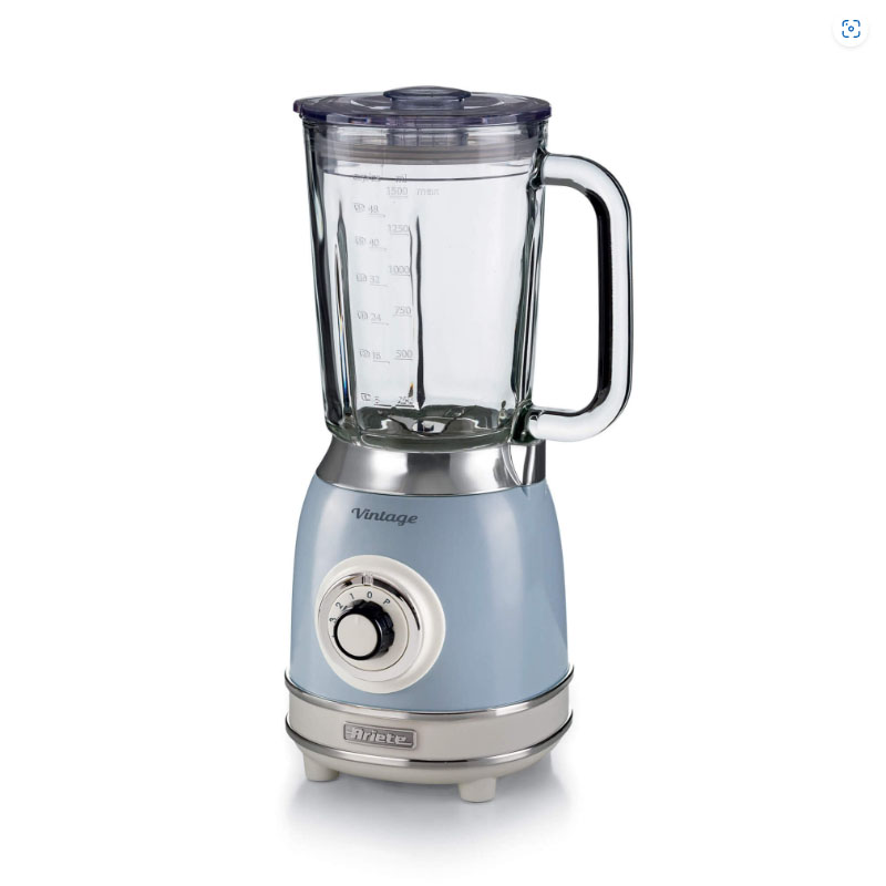 foto del prodotto ariete 583, frullatore vintage con tazza in vetro da 1,5 litri, 4 lame in acciaio inox, 4 velocit pulse,1000 watt, celeste
