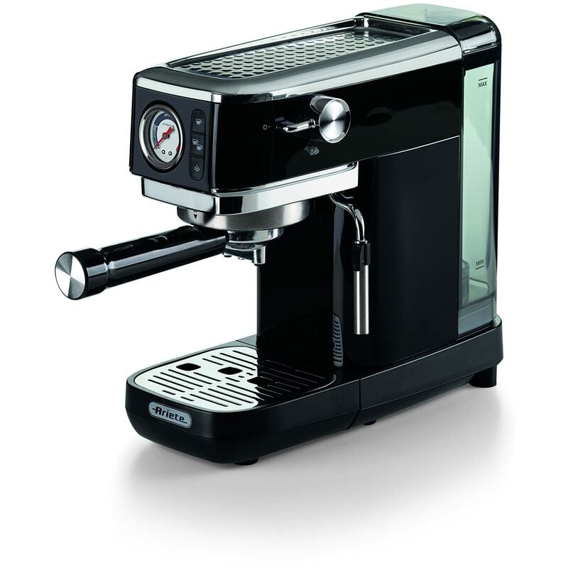 foto del prodotto ariete espresso slim metal 1381, macchina da caffè con manometro, compatibile con caffè in polvere e cialde ese, 15 bar massime, filtro 1 o 2 tazze,