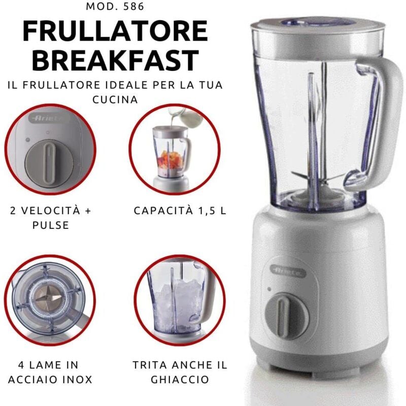 foto del prodotto ariete frullatore breakfast 586, frullatore elettrico con 4 lame in acciaio inox, 2 velocit funzione pulse, piedini antiscivolo, coperchio