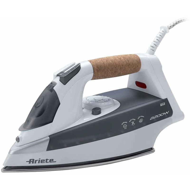 foto del prodotto ariete steam iron 6232 grey ferro da stiro con piastra acciaio inox manico in sughero serbatoio 300 ml 2200 watt bianco e grigio