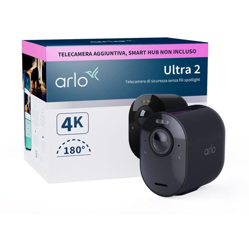 foto del prodotto arlo ultra 2 telecamera wifi esterno senza fili, telecamera wifi interno, 4k uhd, sirena allarme casa, sensore di movimento, stazione base