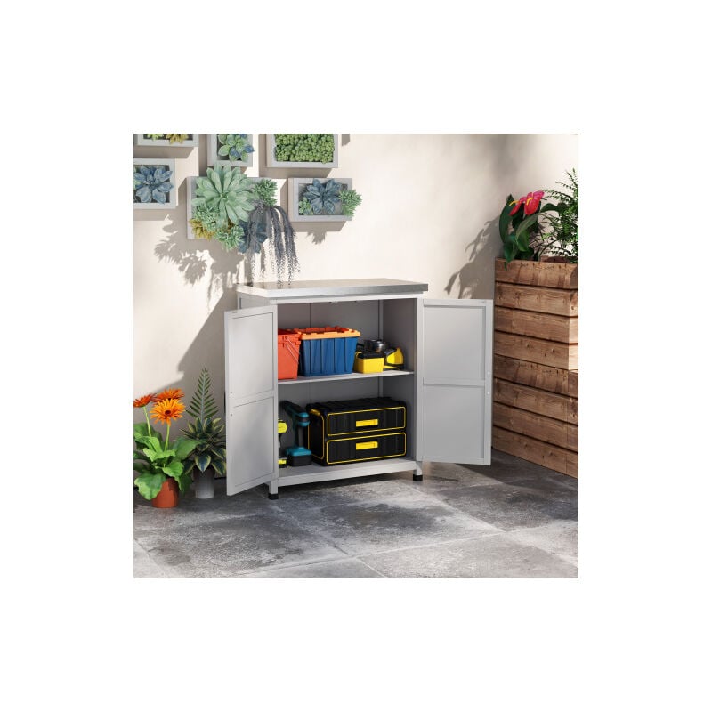 foto del prodotto armadi da esterno resistenti alle intemperie, mobiletto da giardino con 2 ante, multiuso, 79x43x92cm, legno, grigio modfu