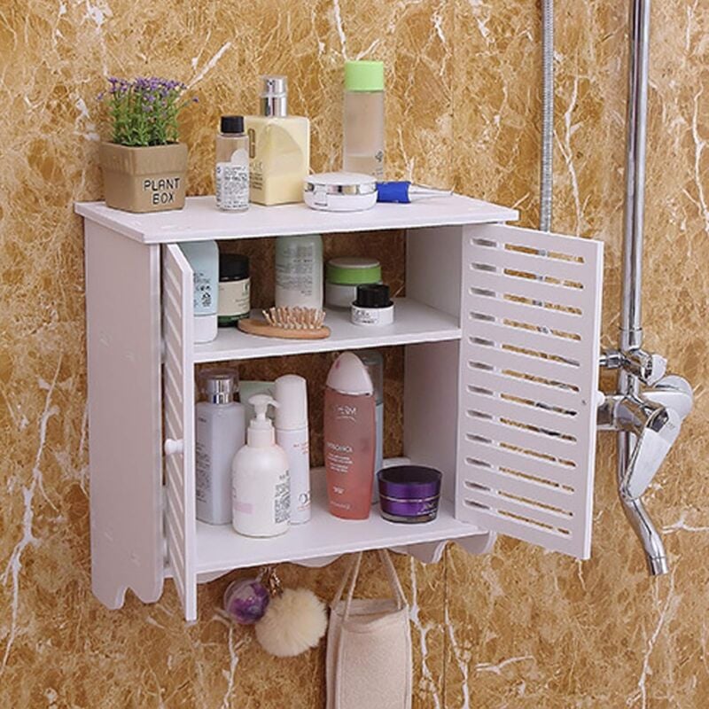 foto del prodotto armadietti pensili per il bagno, a 2 livelli, da parete, armadietto da bagno per il bagno, da parete, con ante e 3 ganci, colore bianco