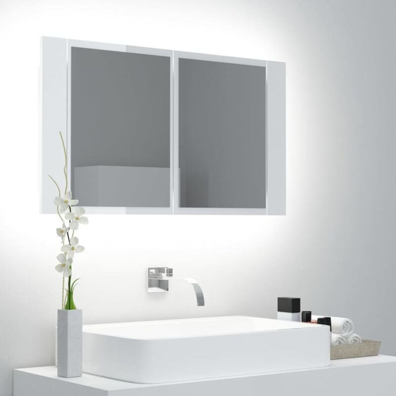 foto del prodotto armadietto a specchio con luci led bianco lucido in acrilico