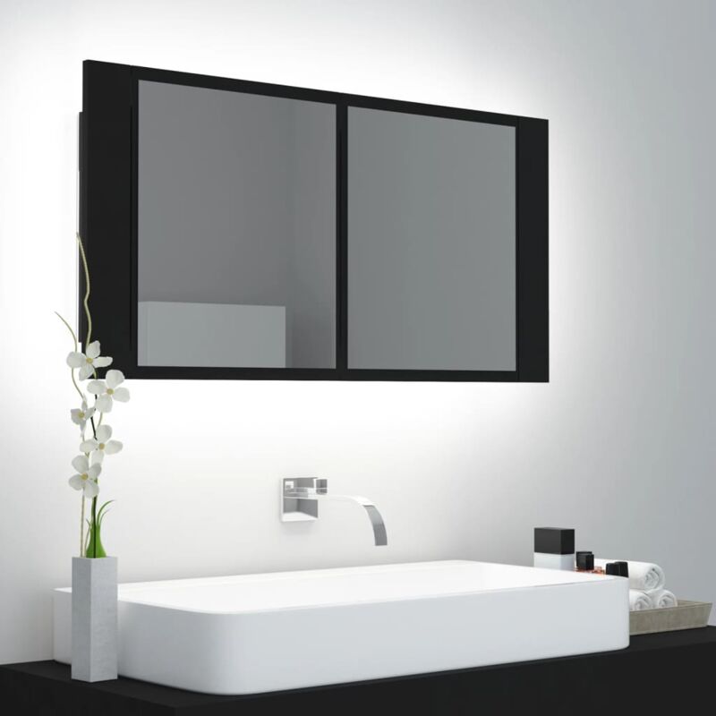 foto del prodotto armadietto a specchio con luci led nero 90x12x45 cm in acrilico
