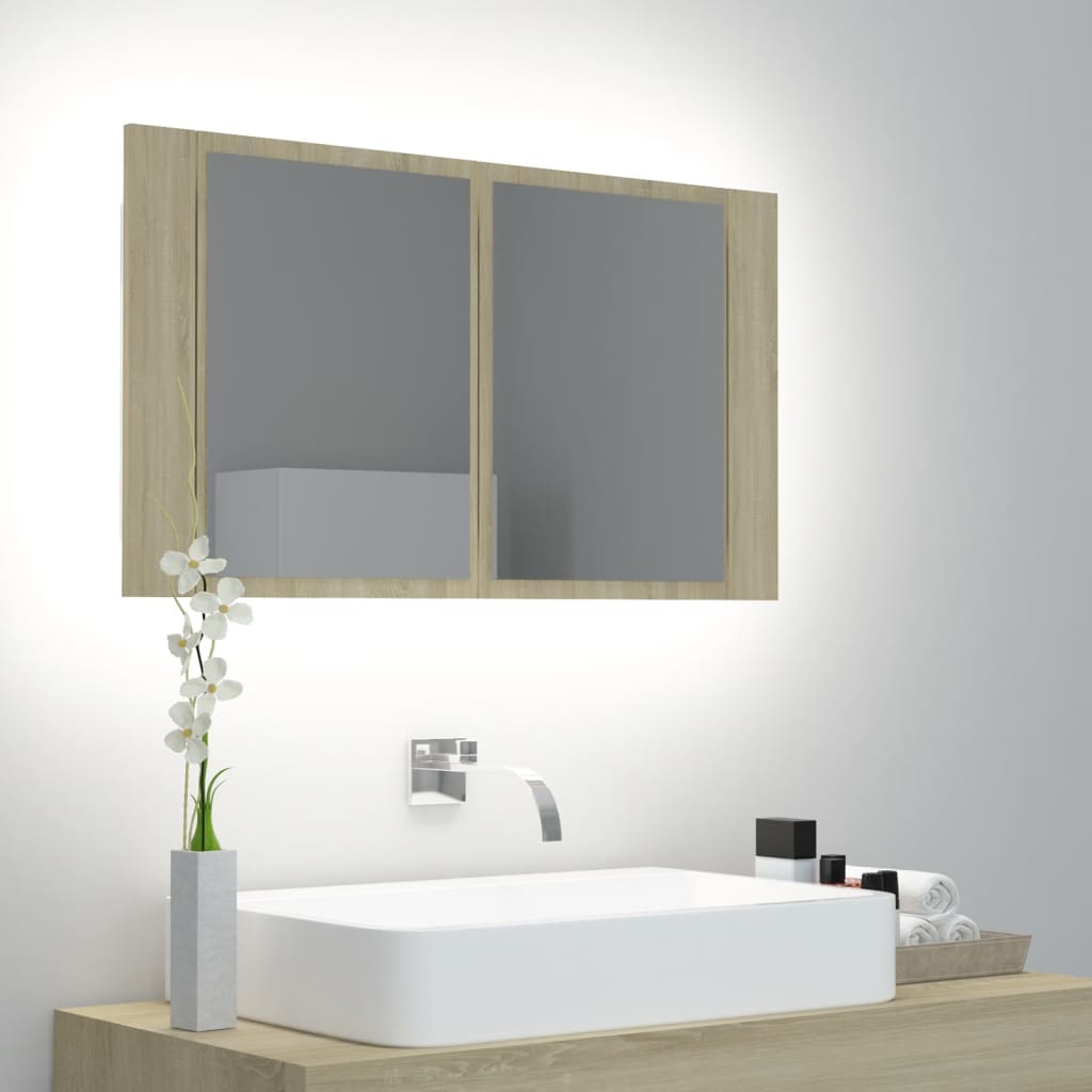 foto del prodotto armadietto a specchio con luci led rovere sonoma 80x12x45 cm cod mxl 73147
