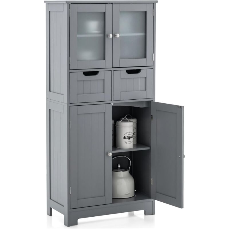 foto del prodotto armadietto alto da bagno, mobiletto con 1 armadio a porte in vetro temperato, 2 cassetti e 1 armadietto chiuso, mobile da cucina con ripiano