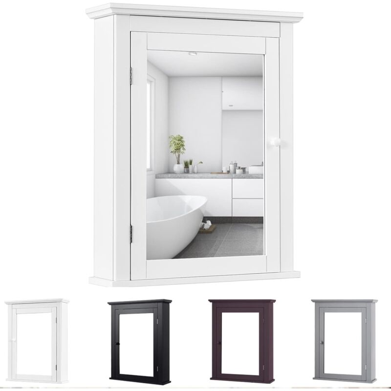 foto del prodotto armadietto bagno a specchio, a parete, 2 ripaini nascosti, in legno, salvaspazio e moderno, sopra lavandino, 56x15x69 cm, bianco grigio marrone nero