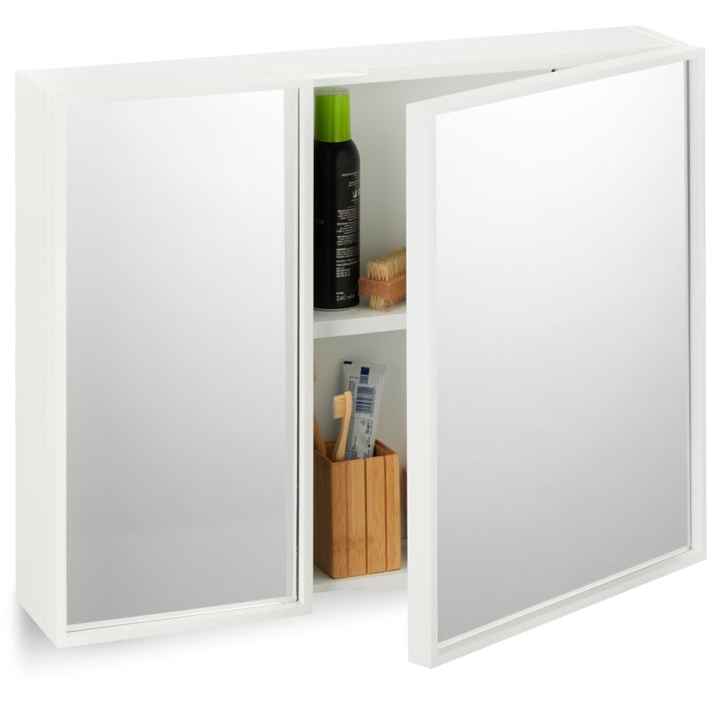 foto del prodotto armadietto bagno con specchio contenitore a 2 ante, mobiletto pensile a parete, hlp 50 x 65 x 15,5 cm, bianco - relaxdays