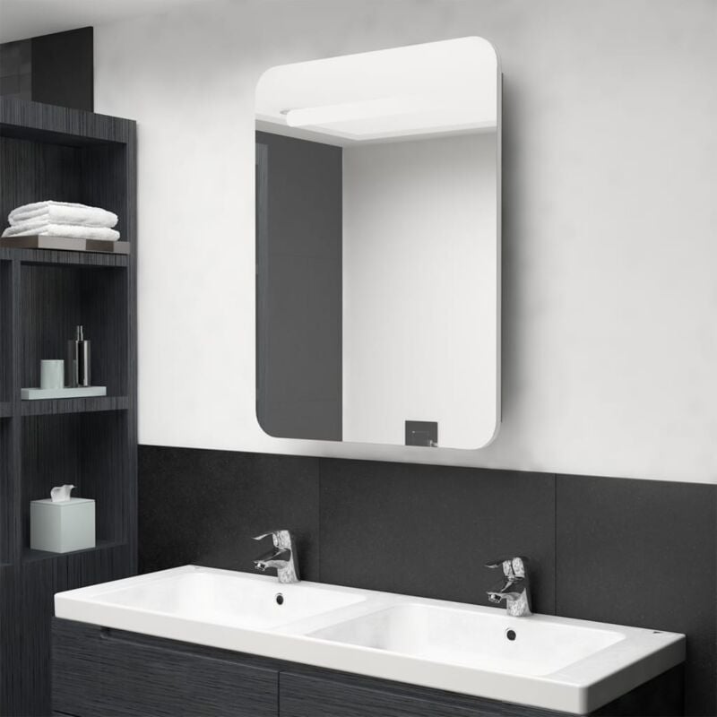 foto del prodotto armadietto bagno con specchio e led bianco e rovere 60x11x80 cm cod mxl 59964