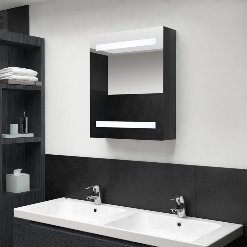 foto del prodotto armadietto bagno con specchio e led nero lucido 50x14x60 cm