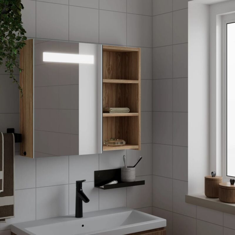 foto del prodotto armadietto bagno con specchio e led rovere 60x13x52 cm vidaxl