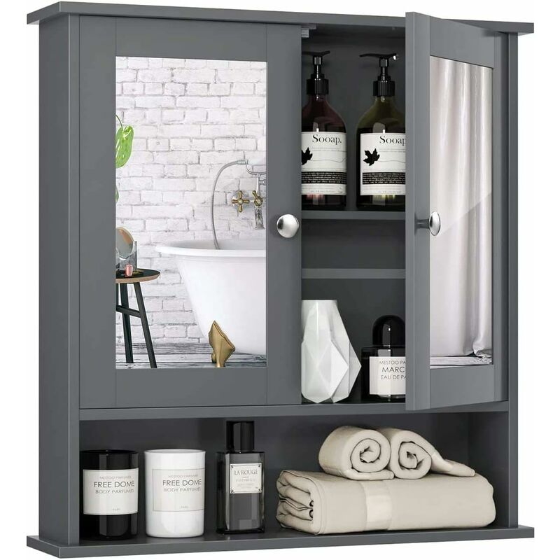 foto del prodotto armadietto con specchio, armadio da parete, mobiletto ripostiglio da bagno con 3 ripiani, armadietto con porta bianco, arredo per bagno, cucina,