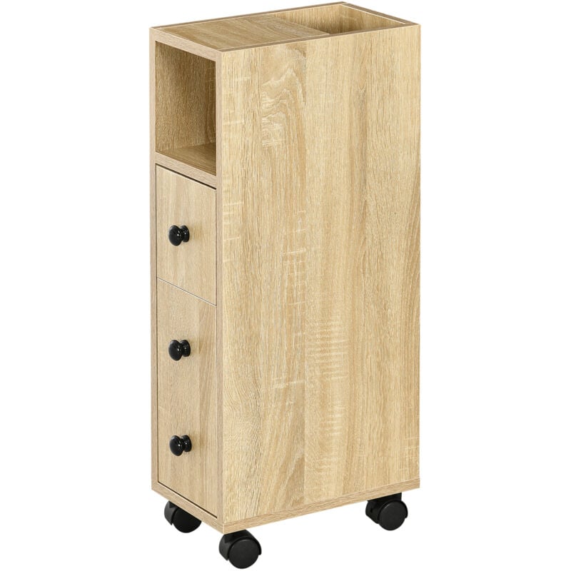 foto del prodotto armadietto da bagno a colonna design compatto 4 ruote color rovere kleankin