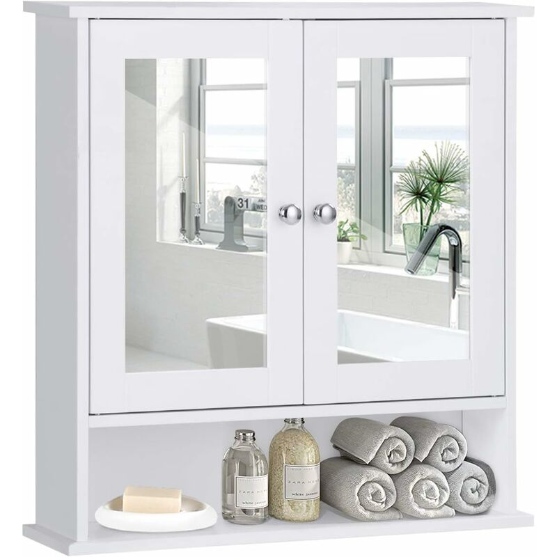 foto del prodotto armadietto da bagno con specchio, armadietto da parete con ripiano regolabile, mobile da parete per bagno, 56 x 12,5 x 58 cm bianco costway