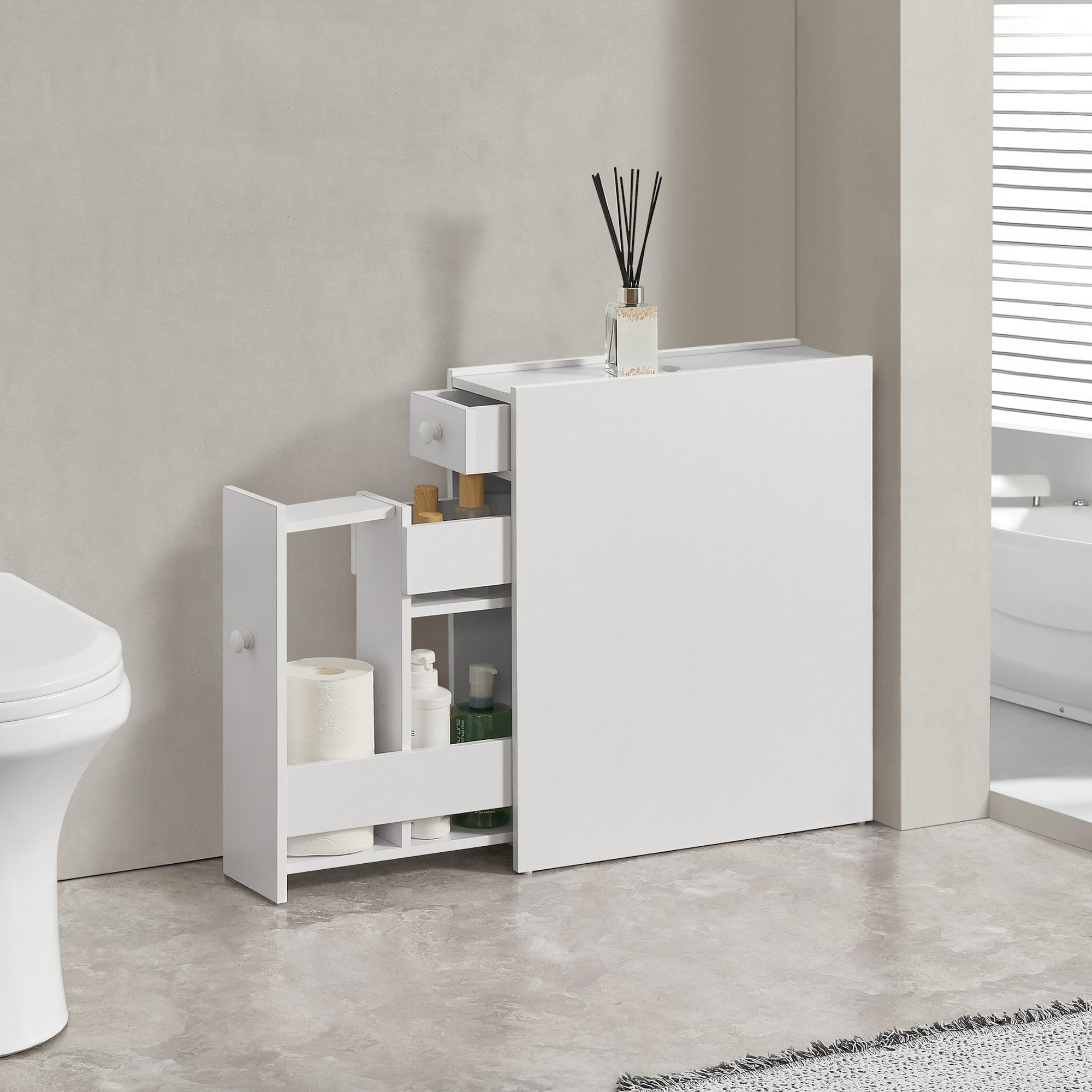 foto del prodotto armadietto da bagno kihni con cassetti e scomparti estraibili - bianco en.casa