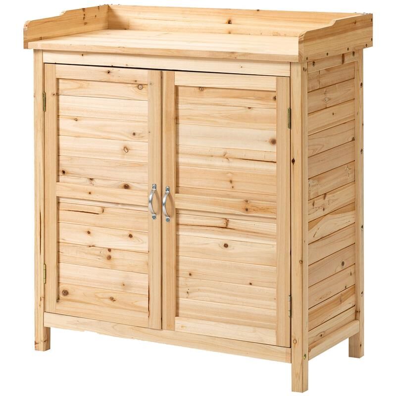 foto del prodotto armadietto da esterno a 2 ripiani in legno di abete con design rialzato e 2 ante. 83x40x92 cm