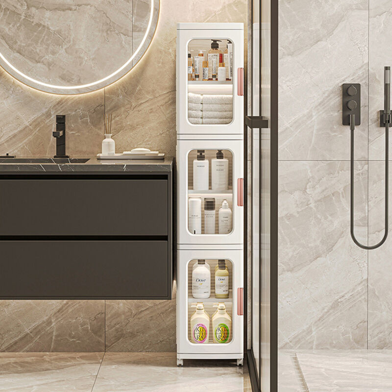 foto del prodotto armadietto da pavimento per bagno, mobiletto alto e stretto, mobiletto da bagno salvaspazio con rotelle, armadio da bagno autoportante per camera da