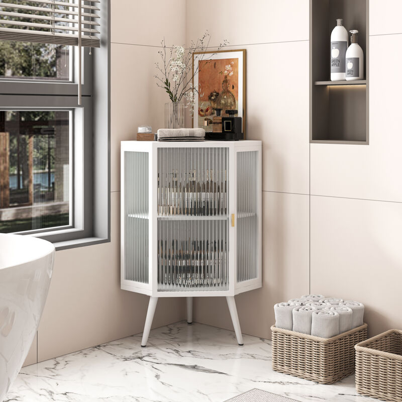 foto del prodotto armadietto da terra con anta in vetro temperato e ripiano regolabile per bagno, soggiorno, camera da letto bianco 