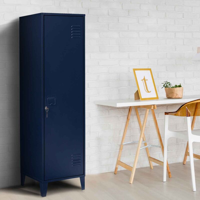 foto del prodotto armadietto ester con porta in metallo blu scuro, design industriale