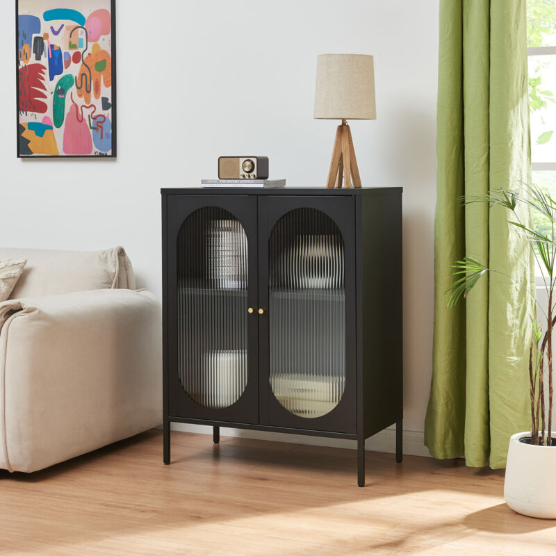 foto del prodotto armadietto karlskrona in acciaio con ante in vetro 102x80x40 cm nero en.casa 