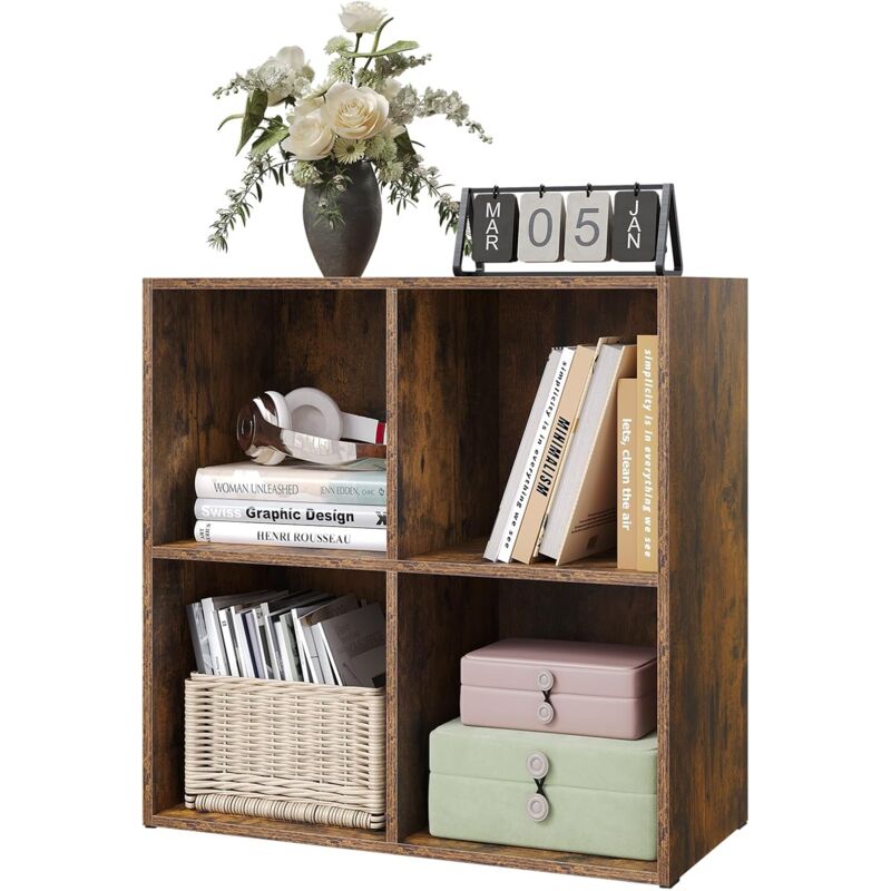 foto del prodotto armadietto libreria basso a 4 cubi, scaffale porta libri, mobiletto multiuso legno, moderno e semplice, marrone rustico woltu