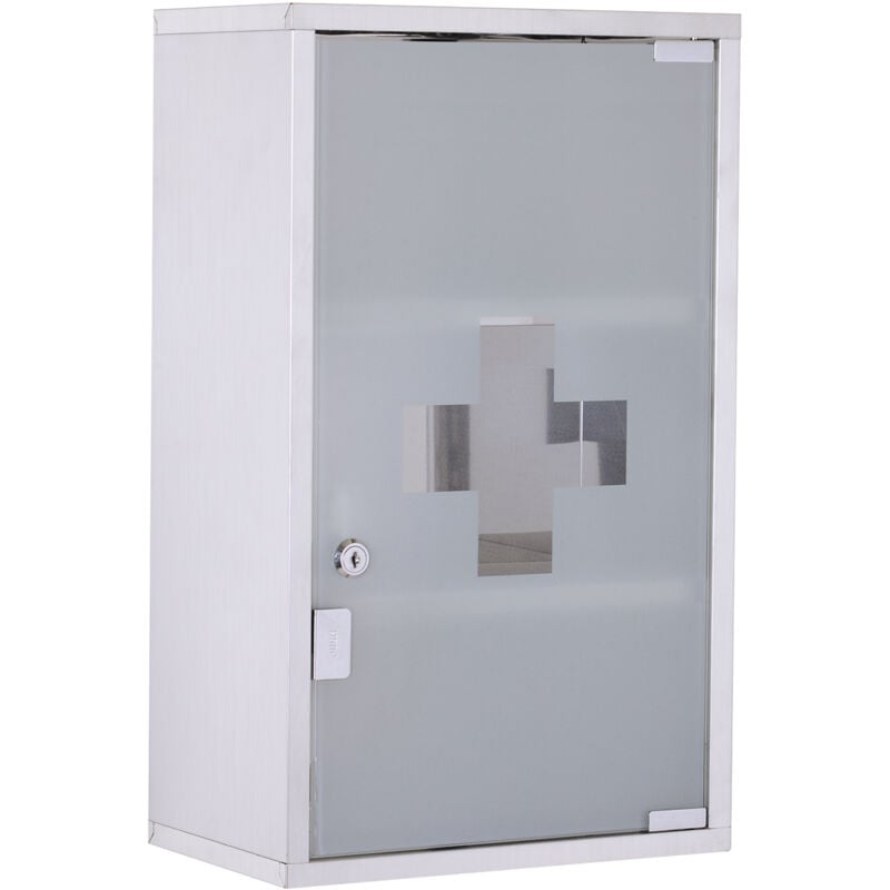 foto del prodotto armadietto medicinali 3 ripiani e serratura, mobile bagno acciaio inox homcom