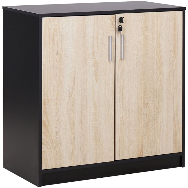 foto del prodotto armadietto moderno con 2 ante e 2 ripiani per l'ufficio con chiusura a chiave in legno chiaro e nero zehna
