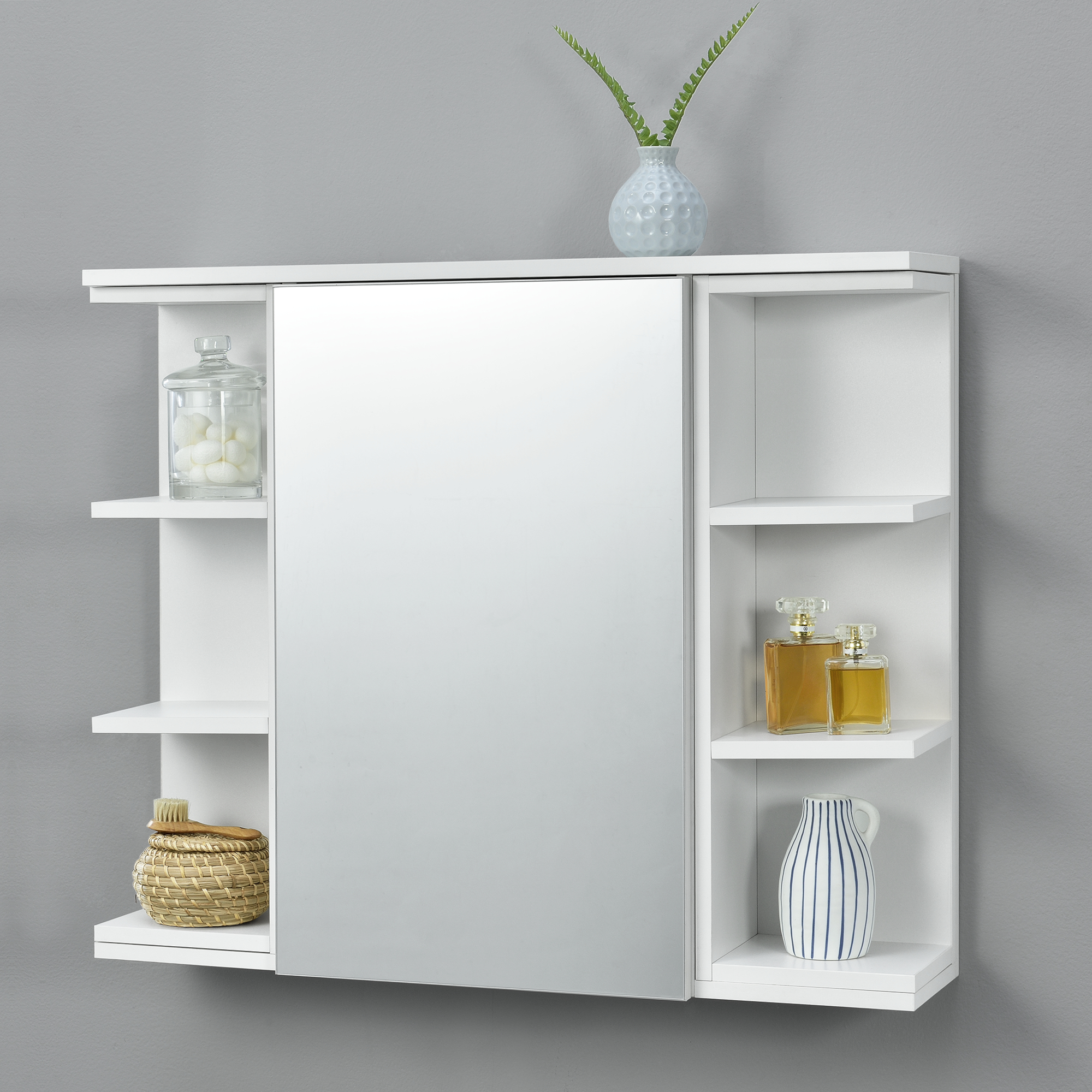 foto del prodotto armadietto pensile a bagno con specchio 64 x 80 x 20 cm mobiletto a muro con 1 anta e 3 ripiani laterali bianco